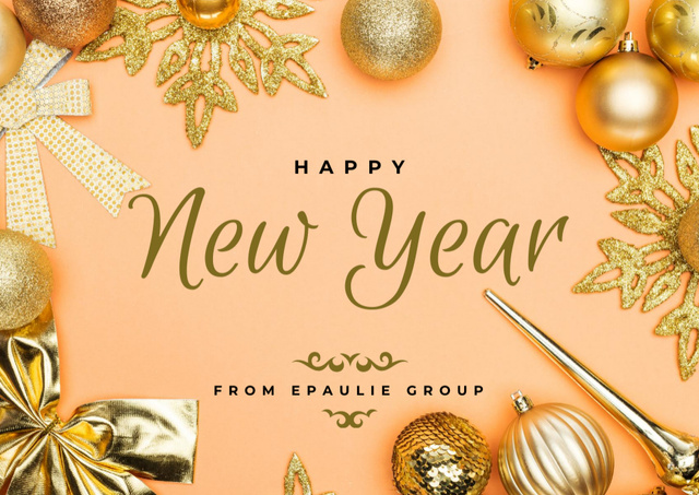 New Year Greeting with Golden Decorations Postcard Modelo de Design