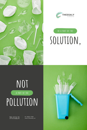 Plastic Waste Concept with Disposable Tableware Pinterest Design Template