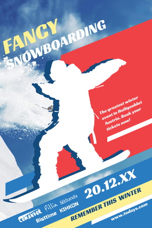 Plantilla de diseño de Snowboard Event announcement Man riding in Snowy Mountains Invitation 6x9in 