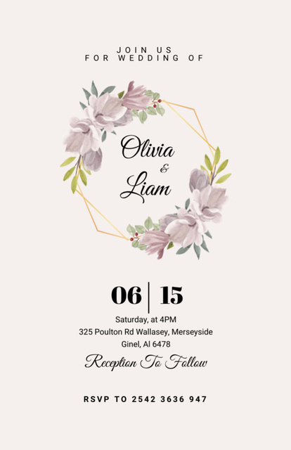 Illustrated Floral Wreath And Wedding Announcement Invitation 5.5x8.5in Design Template