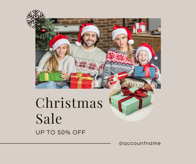 Modèle de visuel Christmas Sale Ad with Cheerful Family in Santa Hats - Facebook