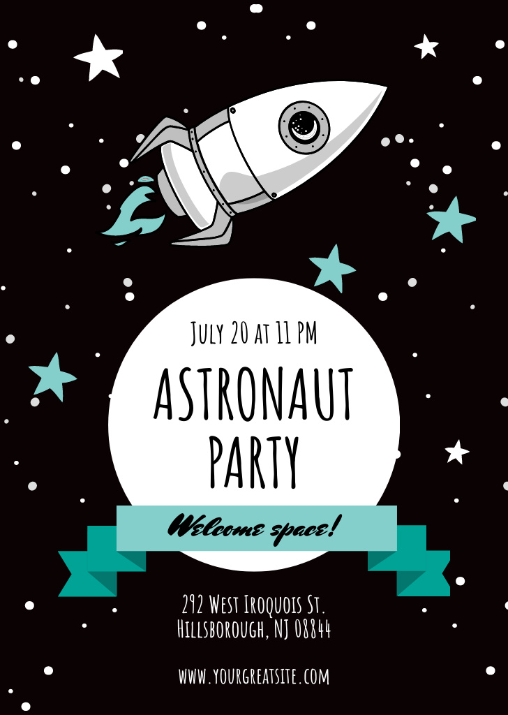 Astronaut Party Announcement with Rocket in Space Flyer A6 Design Template