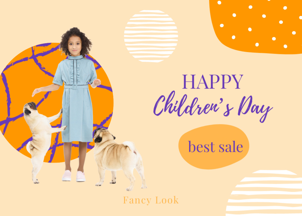 Children's Day Offer with Cute Little Girl with Dogs Postcard 5x7in Design Template
