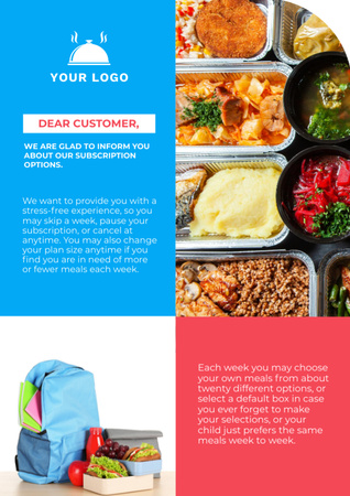 Iskolai étkezési szolgáltatás előfizetéssel és hátizsákkal Newsletter tervezősablon