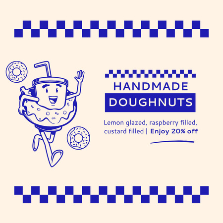 Designvorlage Angebot an handgemachten Donuts mit lustiger Illustration für Instagram