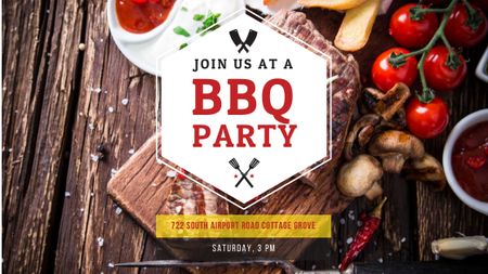 BBQ Party Invitation with Grilled Steak Title tervezősablon