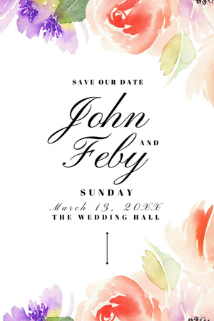 Wedding Event Announcement With Watercolor Flowers Postcard 4x6in Vertical Design Template