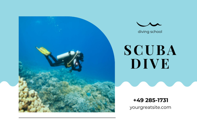 Ontwerpsjabloon van Postcard 4x6in van Scuba Dive School Ad on Blue with Man Underwater