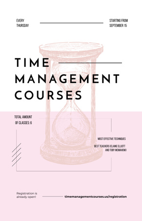 Template di design schizzo a clessidra rosa per corsi di gestione del tempo Invitation 5.5x8.5in