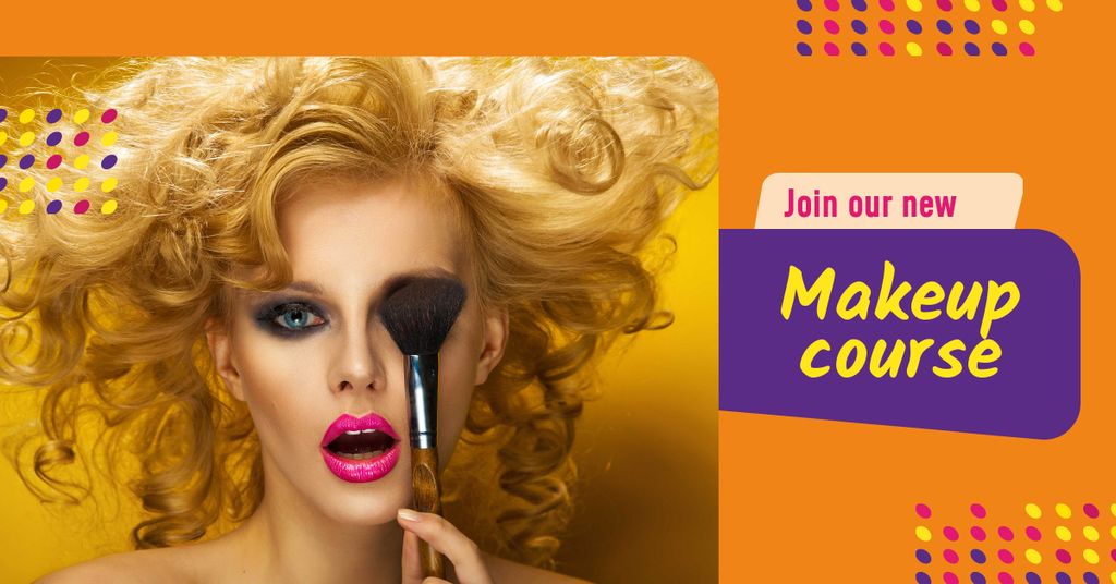 Plantilla de diseño de Makeup Course Offer with Attractive Woman Holding Brush Facebook AD 