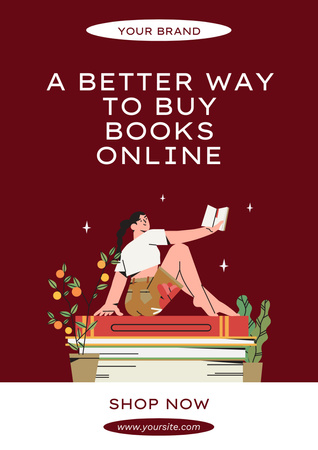 Online Books Sale with Woman Reading Book Poster A3 Tasarım Şablonu