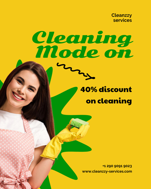 Discount on Cleaning Services with Smiling Woman on Yellow Poster 16x20in tervezősablon