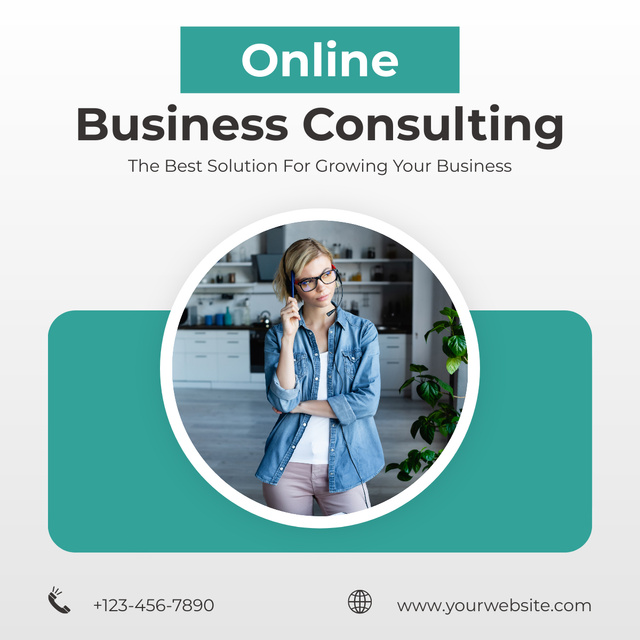 Ontwerpsjabloon van LinkedIn post van Business Consulting Services with Businesswoman in Office