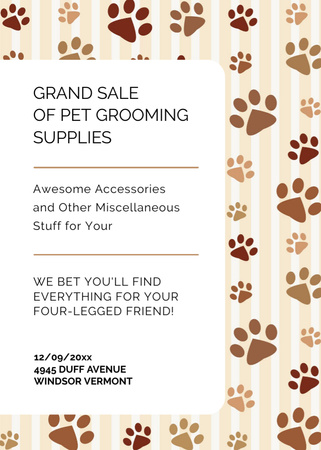 Professional Pet Grooming Supplies Sale with Animal's Paws Flayer Design Template
