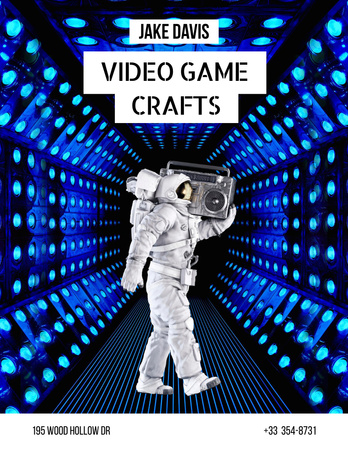 Szablon projektu Tętniące życiem rzemiosło gier wideo i astronauta trzymający Boombox Poster 8.5x11in