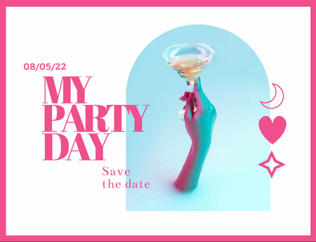 Szablon projektu Extravagant Party Day Announcement With Hand Holding Cocktail Postcard 4.2x5.5in