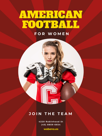 American Football Team Invitation with Girl in Uniform Poster US Design Template