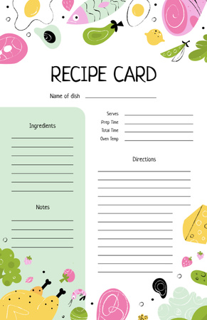 sevimli renkli gıda çizimleri Recipe Card Tasarım Şablonu