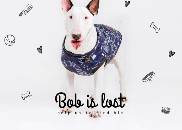 Lost Dog Announcement with Bulldog in Cute Clothes Flyer A6 Horizontal Design Template