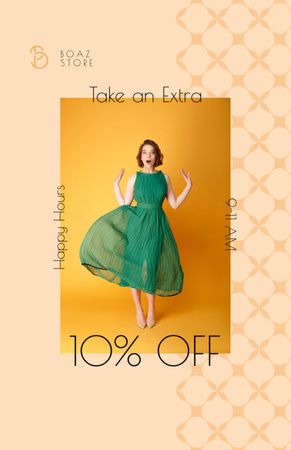 Modèle de visuel Clothes Shop Happy Hour Offer Woman in Green Dress - Flyer 5.5x8.5in