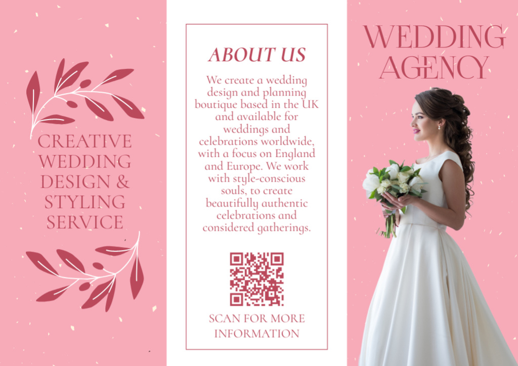 Wedding Agency Ad with Beautiful Bride in Fashion White Dress Brochure Design Template