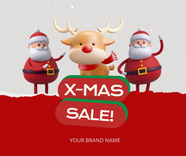Christmas Sale with Toylike Santas and Reindeer Facebookデザインテンプレート