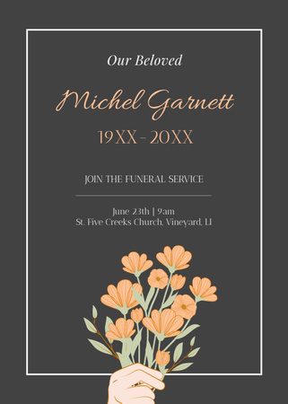 Szablon projektu Funeral Ceremony Announcement with Flower Bouquet in Hand Postcard 5x7in Vertical