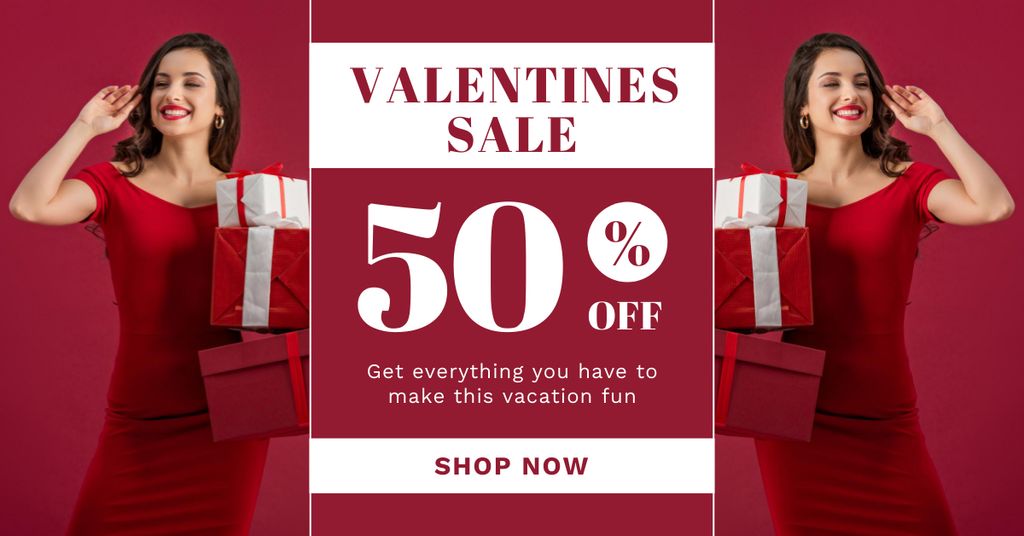 Valentine's Day Sale Announcement with Woman in Bright Red Dress Facebook AD Tasarım Şablonu