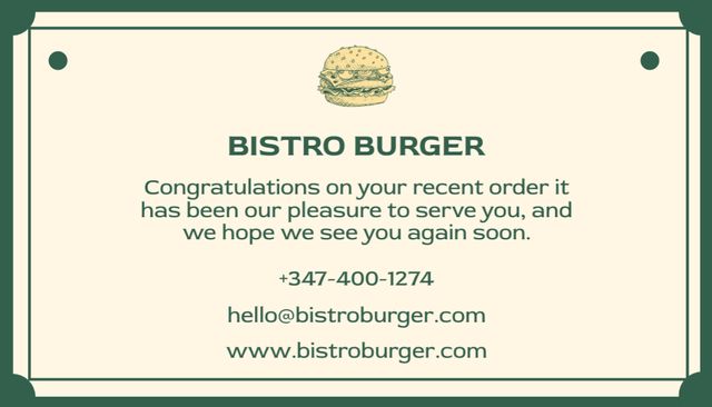 Thank You for Delicious Burger Purchase Business Card US Πρότυπο σχεδίασης