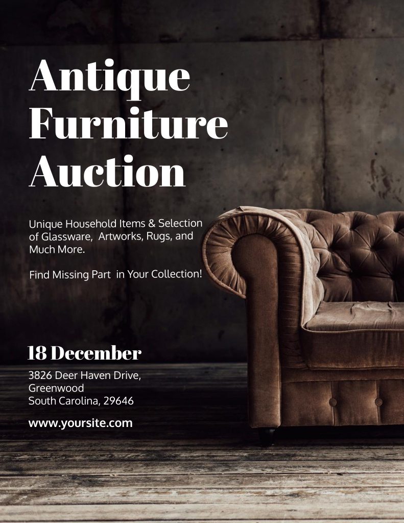 Plantilla de diseño de Historic Furnishings Auction With Luxury Brown Armchair Poster 8.5x11in 