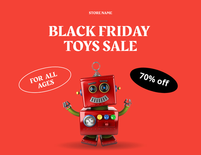 Designvorlage Toys Sale on Black Friday with Cute Robot in Red für Flyer 8.5x11in Horizontal