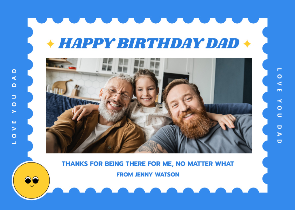 Ontwerpsjabloon van Postcard 5x7in van Birthday Greeting to Dad with Photo of Family