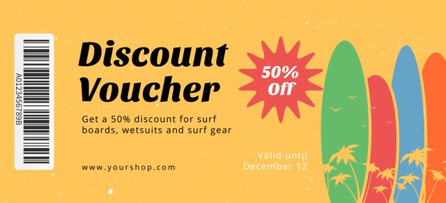 Surfing Gear Sale Offer with Surfboards in Yellow Coupon 3.75x8.25in – шаблон для дизайна