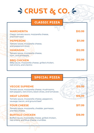 Prices for Classic and Special Pizza Menu Modelo de Design