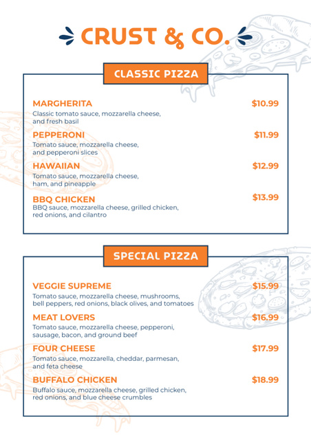 Designvorlage Prices for Classic and Special Pizza für Menu