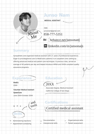 Ontwerpsjabloon van Resume van Beschrijving van vaardigheden en ervaring van de medisch assistent