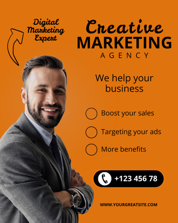 Creative Marketing Agency Services with Smiling Businessman Instagram Post Vertical Tasarım Şablonu