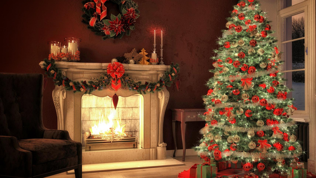 Christmas Interior Atmosphere with Fireplace Zoom Background – шаблон для дизайну
