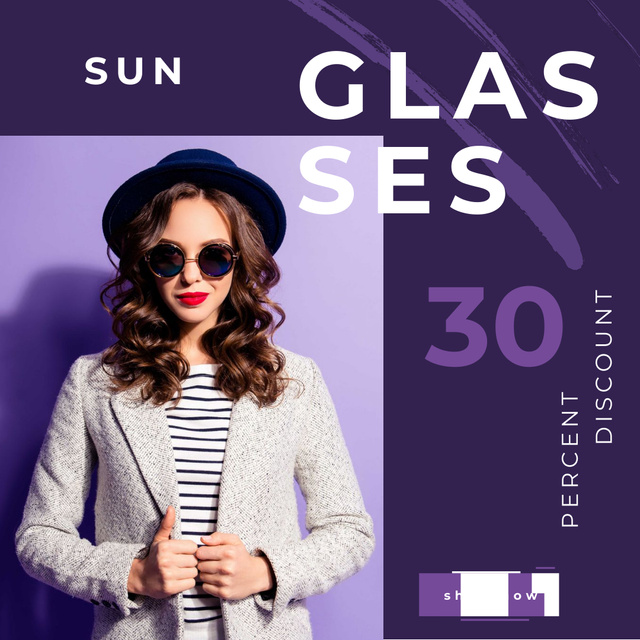 Modèle de visuel Glasses Offer with Woman Wearing Sunglasses - Animated Post