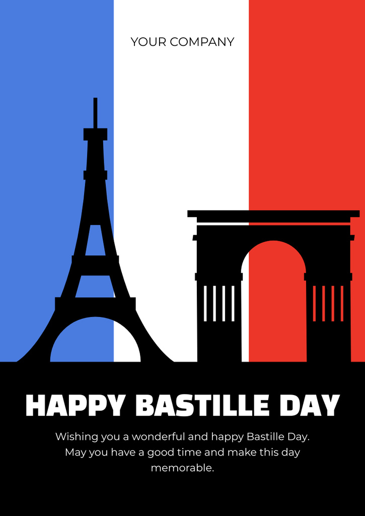 Happy Bastille Day with Silhouettes of Paris Landmarks Poster A3 Πρότυπο σχεδίασης