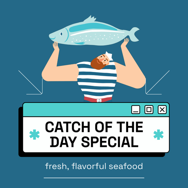 Fresh Seafood Offer with Fisherman and Catch Animated Postデザインテンプレート