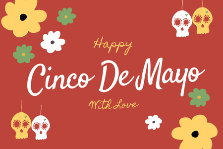 Cinco de Mayo Greeting with Skull and Flowers on Red Postcard 4x6inデザインテンプレート