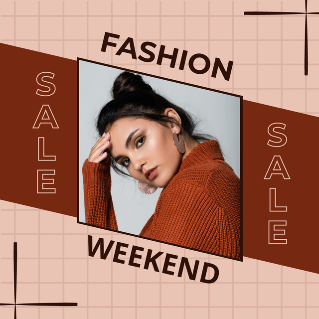 Fashion Weekend Sale Ad with Young Woman in Brown Jacket Instagram Tasarım Şablonu