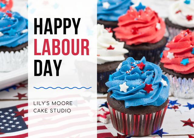 Vibrant Labor Day Celebration And Cupcakes Offer Card Modelo de Design