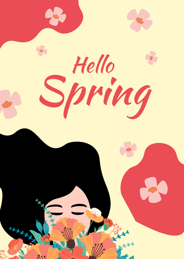 Dreamy Girl With Blossoming Flowers Postcard A6 Vertical – шаблон для дизайна
