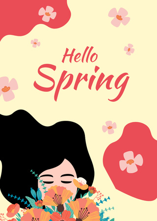 Dreamy Girl With Blossoming Flowers Postcard A6 Vertical Design Template