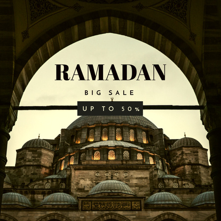 Ontwerpsjabloon van Instagram van Ramadan-uitverkoopaanbieding met grote kortingen en een betoverend uitzicht op de moskee