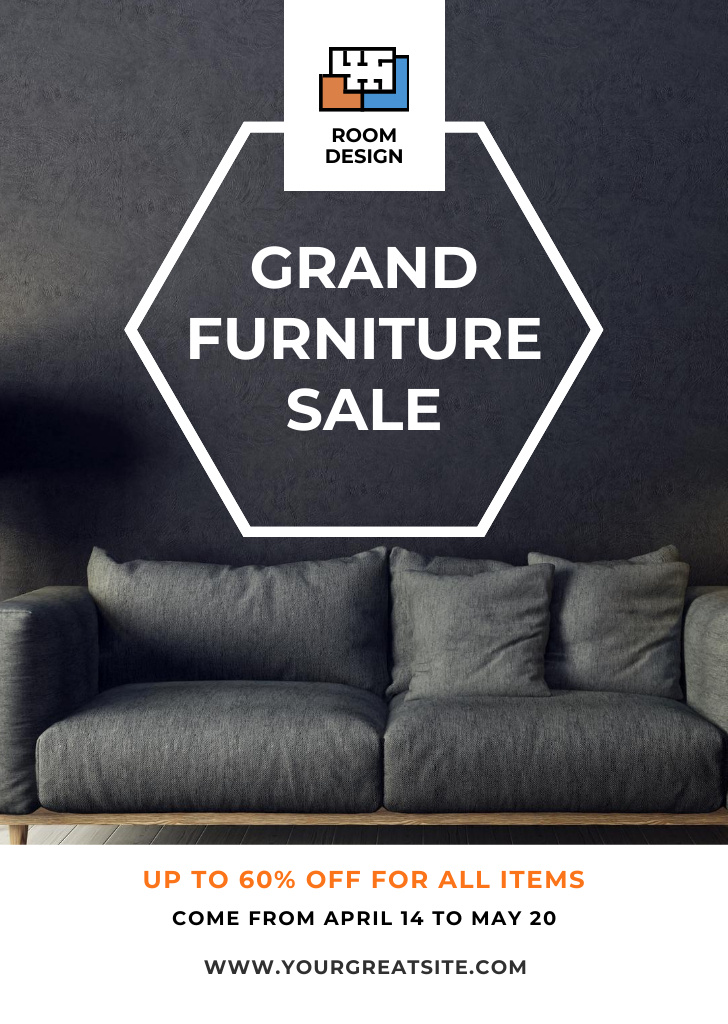 Grand Furniture Sale Announcement with Modern Grey Sofa Flyer A6 Πρότυπο σχεδίασης