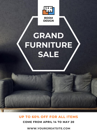 Designvorlage Grand Furniture Sale Announcement with Modern Grey Sofa für Flyer A6
