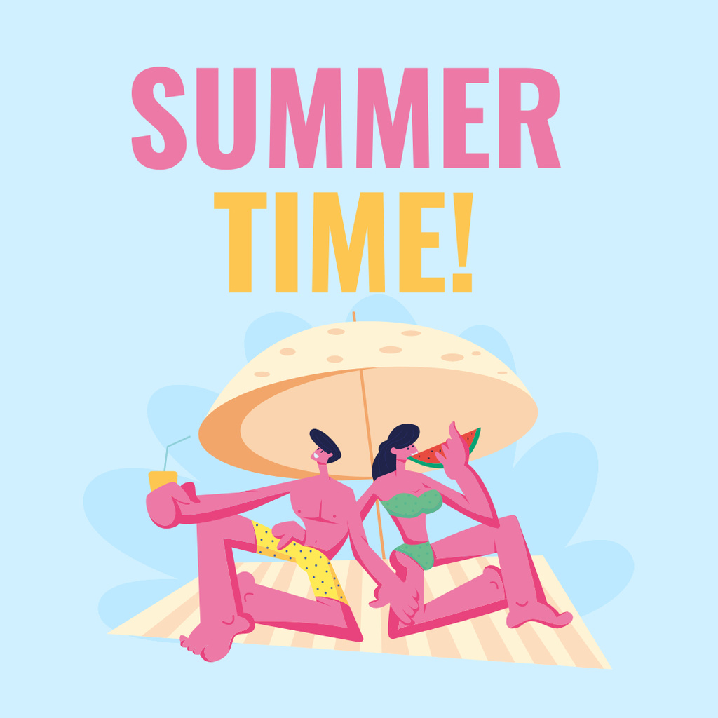 Summer Time on Beach Cartoon Illustration Instagram Design Template